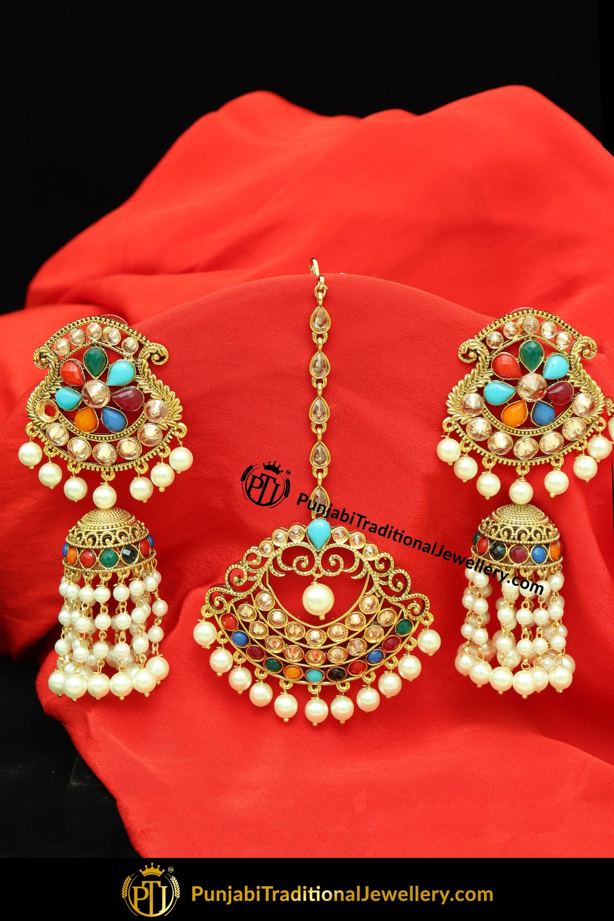 Hadrian Navratan Champagne Stone Earrings & Tikka Set | Punjabi traditional Jewellery Exclusive