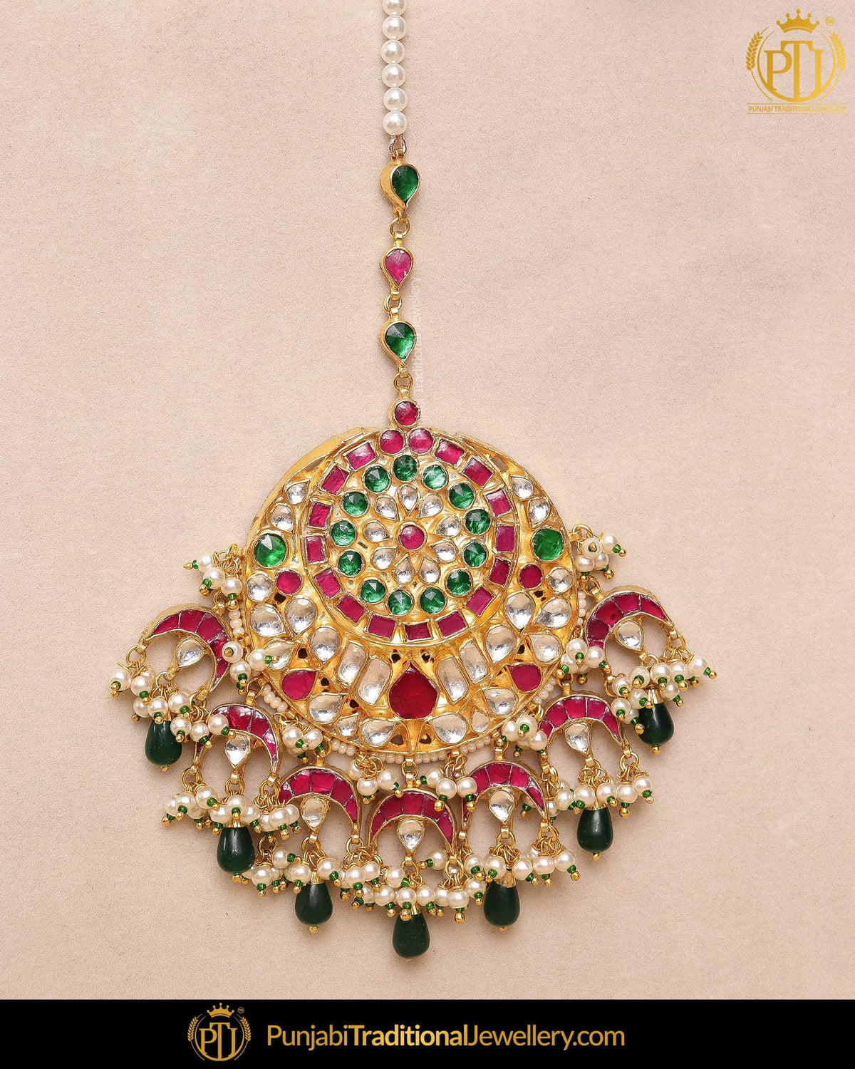 Gold Finished Rubby Emerald Kundan Pearl Tikka | Punjabi Traditional Jewellery Exclusive