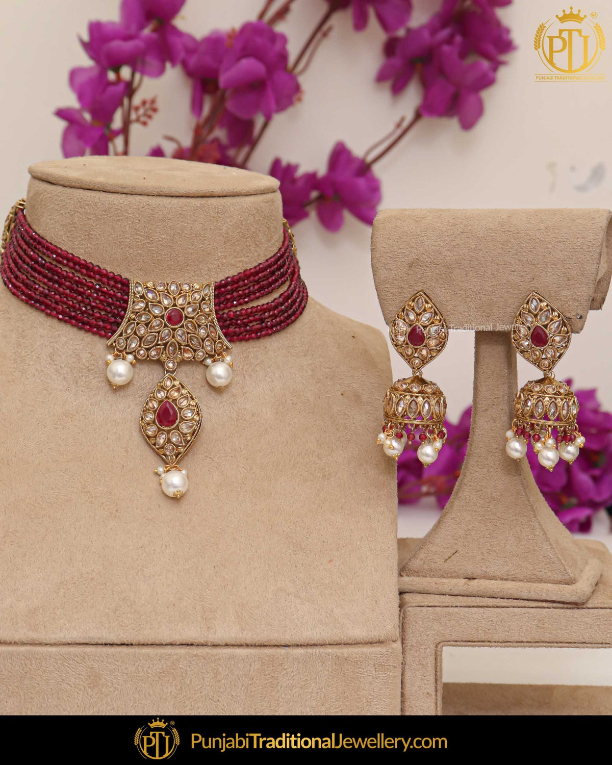 Gold Finished Champagne Stone Rubby Pearl Necklace Set | Punjabi Traditional Jewellery Exclusive