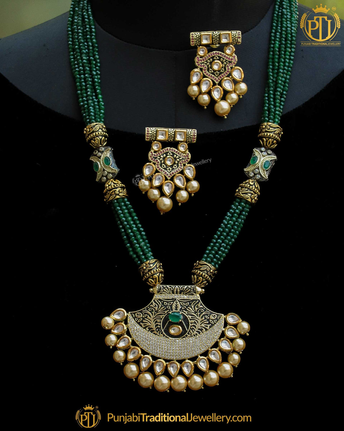 Antique Gold Finished Green Kundan Johda Mala & Studs Earrings  | Punjabi Traditional Jewellery Exclusive
