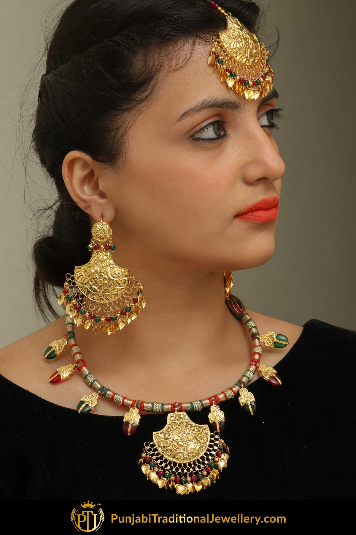 Insha Rubby Panna Pippal Patti Daakh Necklace, Tikka & Earrings | Punjabi Giddha Jewellery | Punjabi Traditional Jewellery Exclusive
