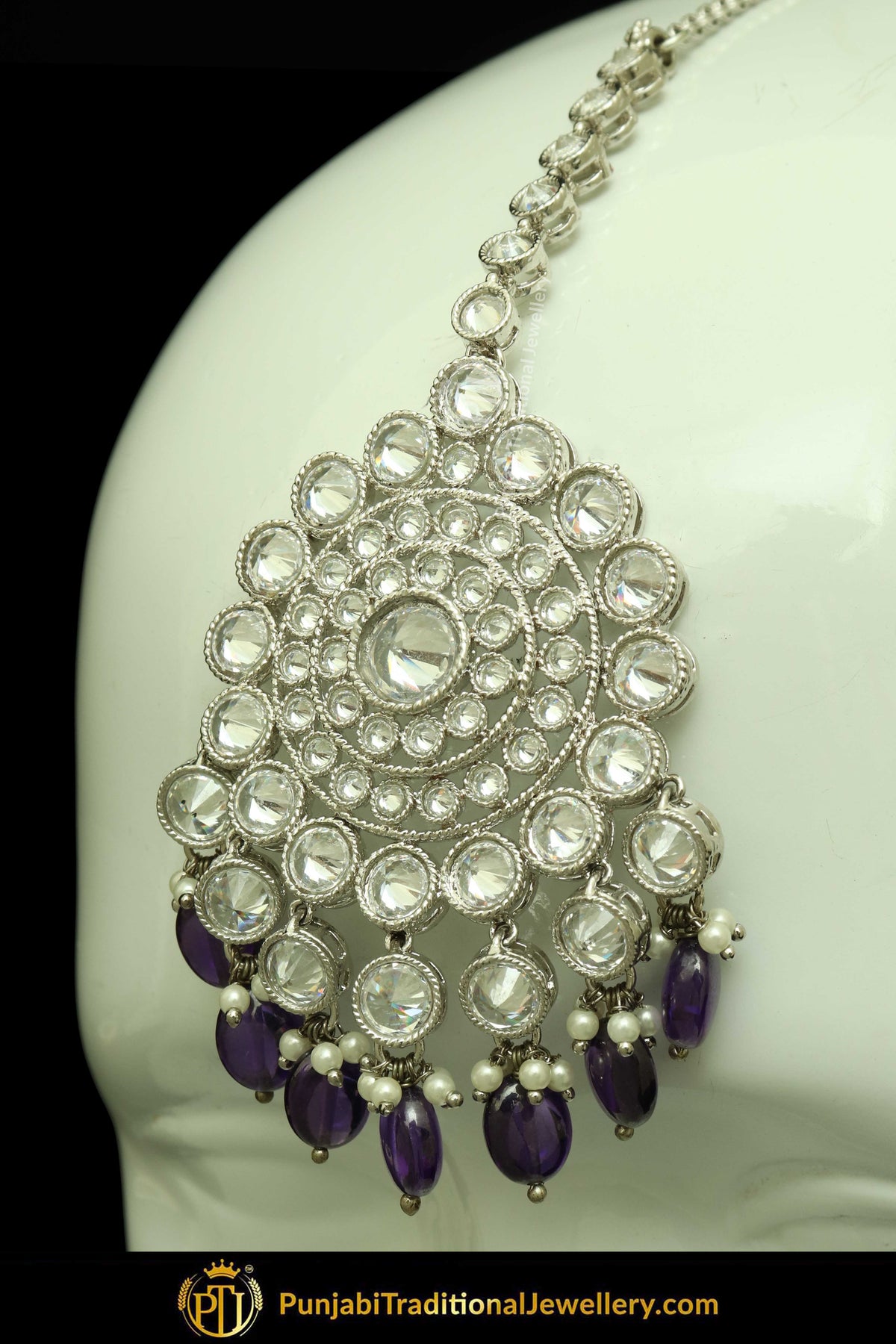 Silver Finished Polki Stone Blue Drops Earrings & Tikka Set By Punjabi Traditional Jewellery