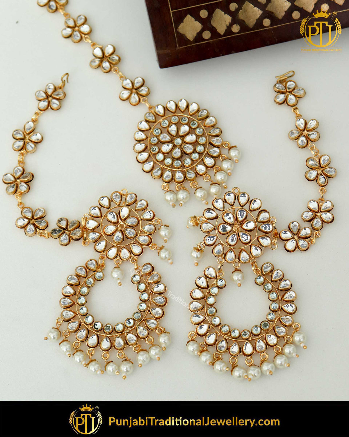 Gold Finished Pearl Kundan Sahare Earrings & Tikka Set | Punjabi Traditional Jewellery Exclusive