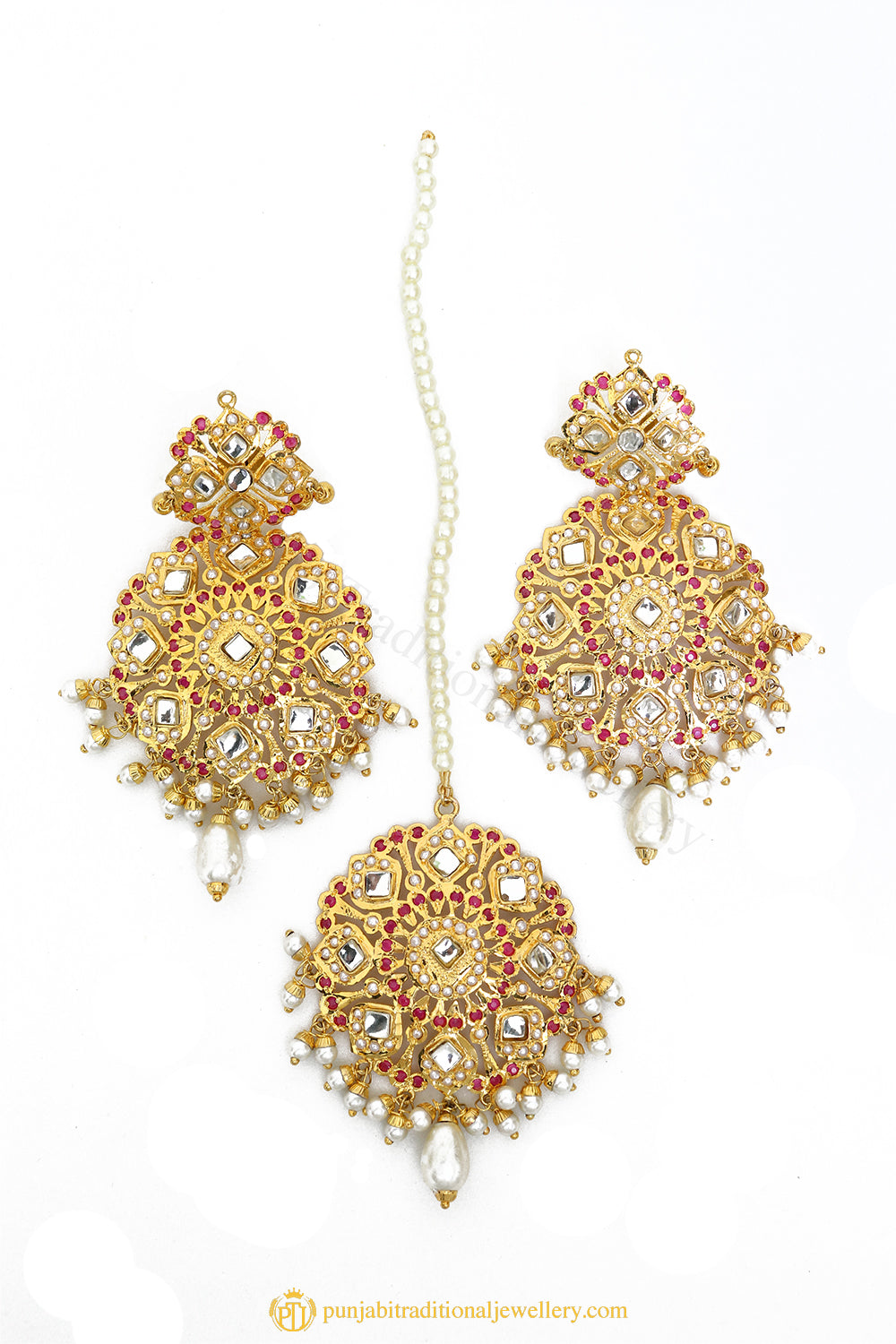 Gold Finished Earrings & Tikka Set by PTJ