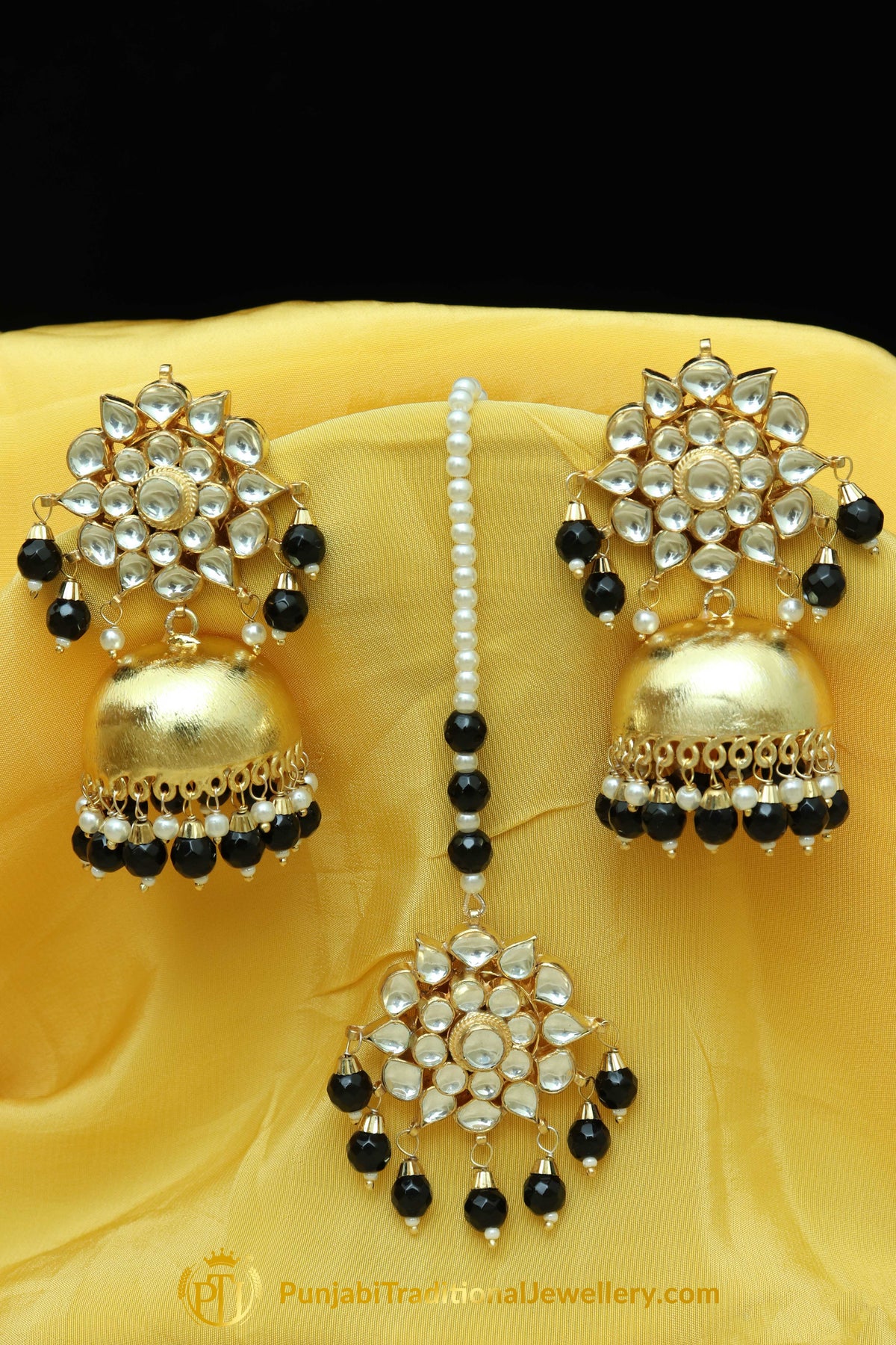 Iffah Gold Finished Pearl Black Jhumki Kundan Earring Tikka Set | Punjabi Traditional Jewellery Exclusive