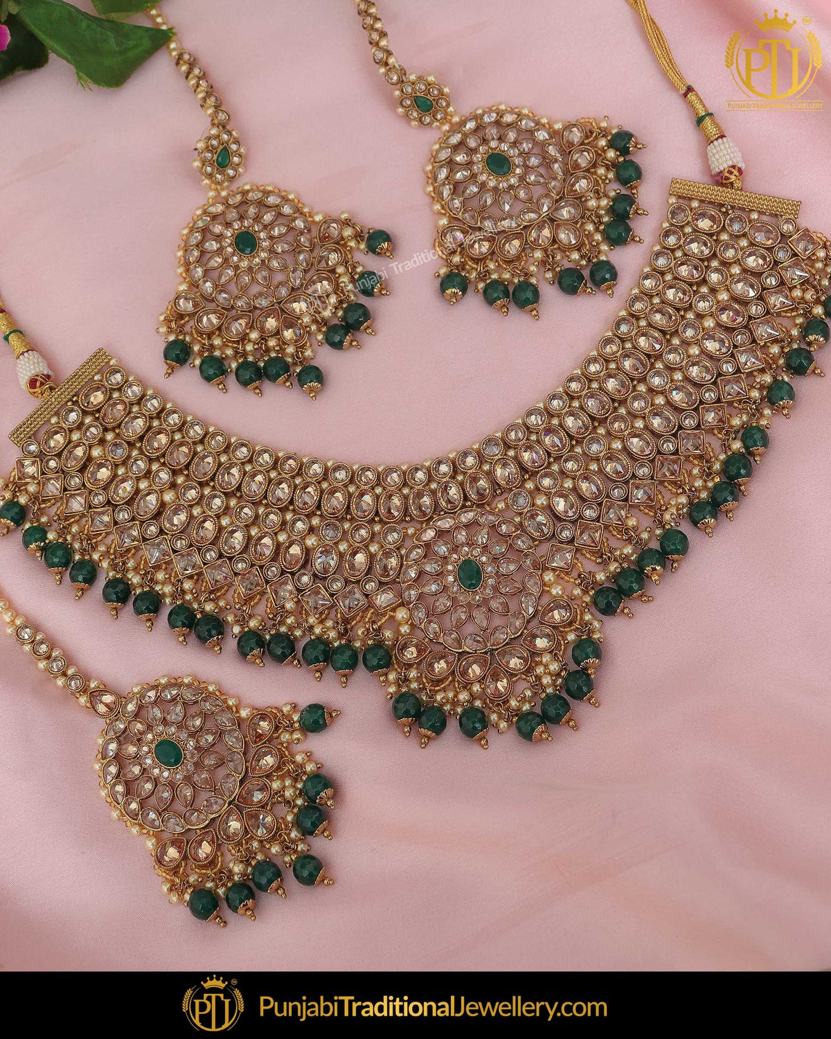 Antique Gold Finished Emerald Pearl Champagne Stone Necklace Set | Punjabi Traditional Jewellery Exclusive