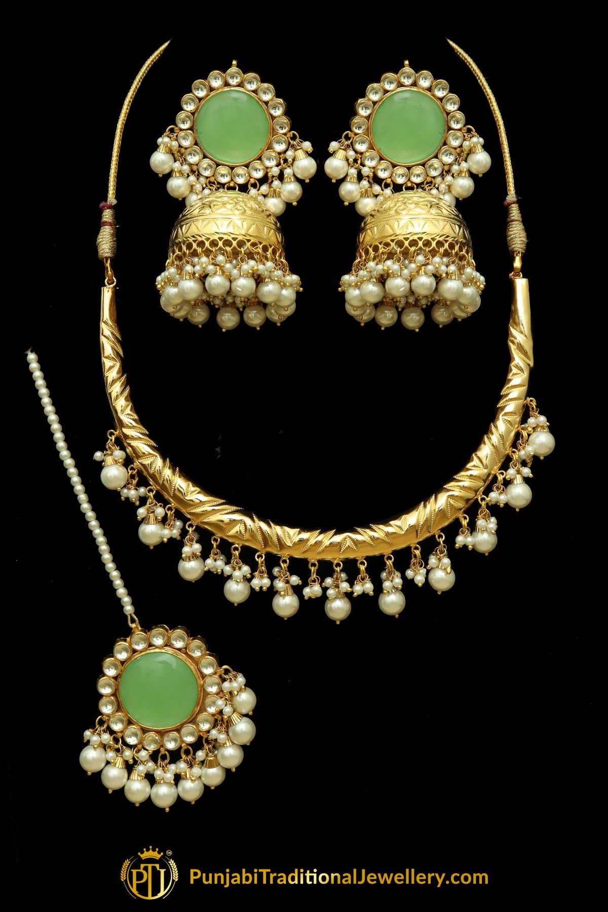 Arditi Gold Finished New Jade Hasli Necklace, Tikka & Earrings | Punjabi Traditional Jewellery Exclusive
