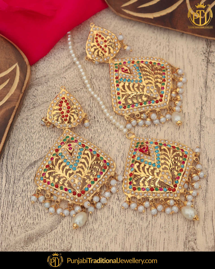 Gold Finished Jadau Multi Earring Tikka Set | Punjabi Traditional Jewellery Exclusive