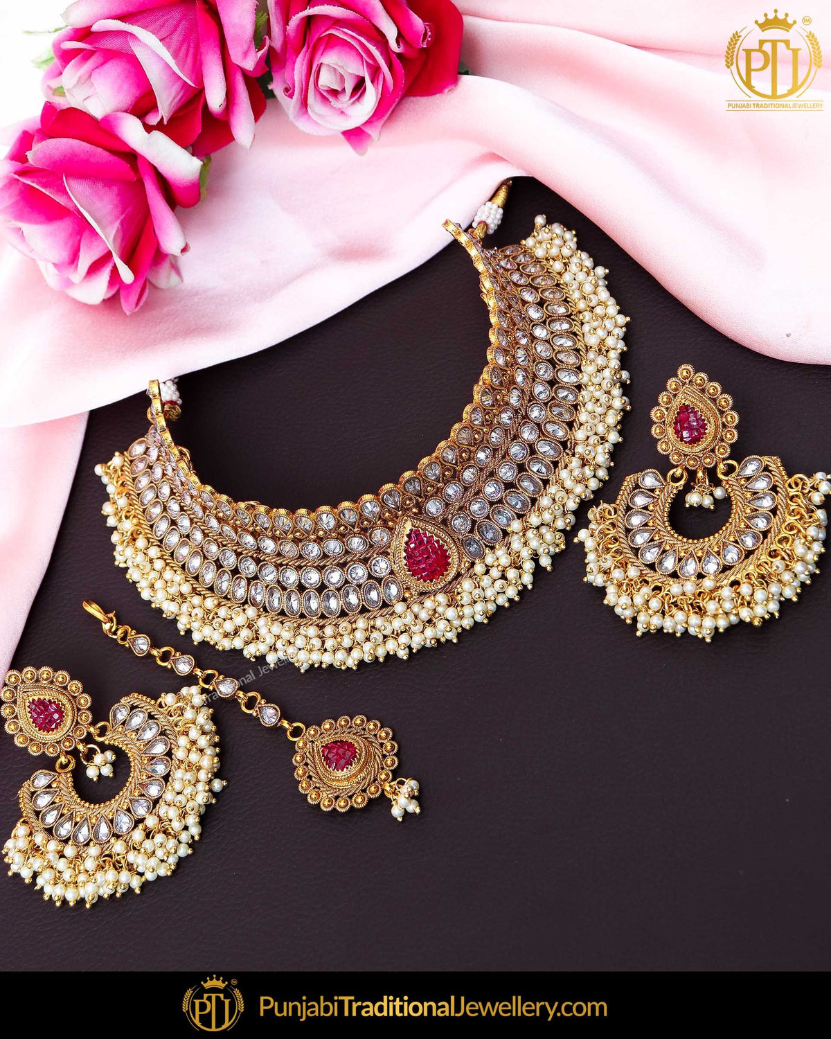 Antique Gold Finished Polki Rubby Stone Pearl Johda Necklace Set  | Punjabi Traditional Jewellery Exclusive
