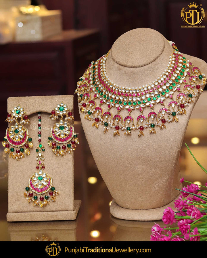 Gold Finished Pippal Patti Rubby Panna Kundan Pearl Necklace Set | Punjabi Traditional Jewellery Exclusive