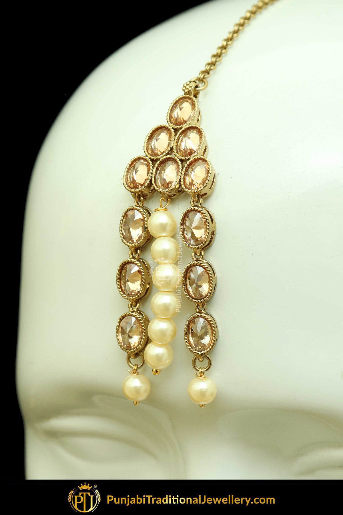Antique Gold Finised Champagne Stone Pearl Earring Tikka Set By Punjabi Traditional Jewellery