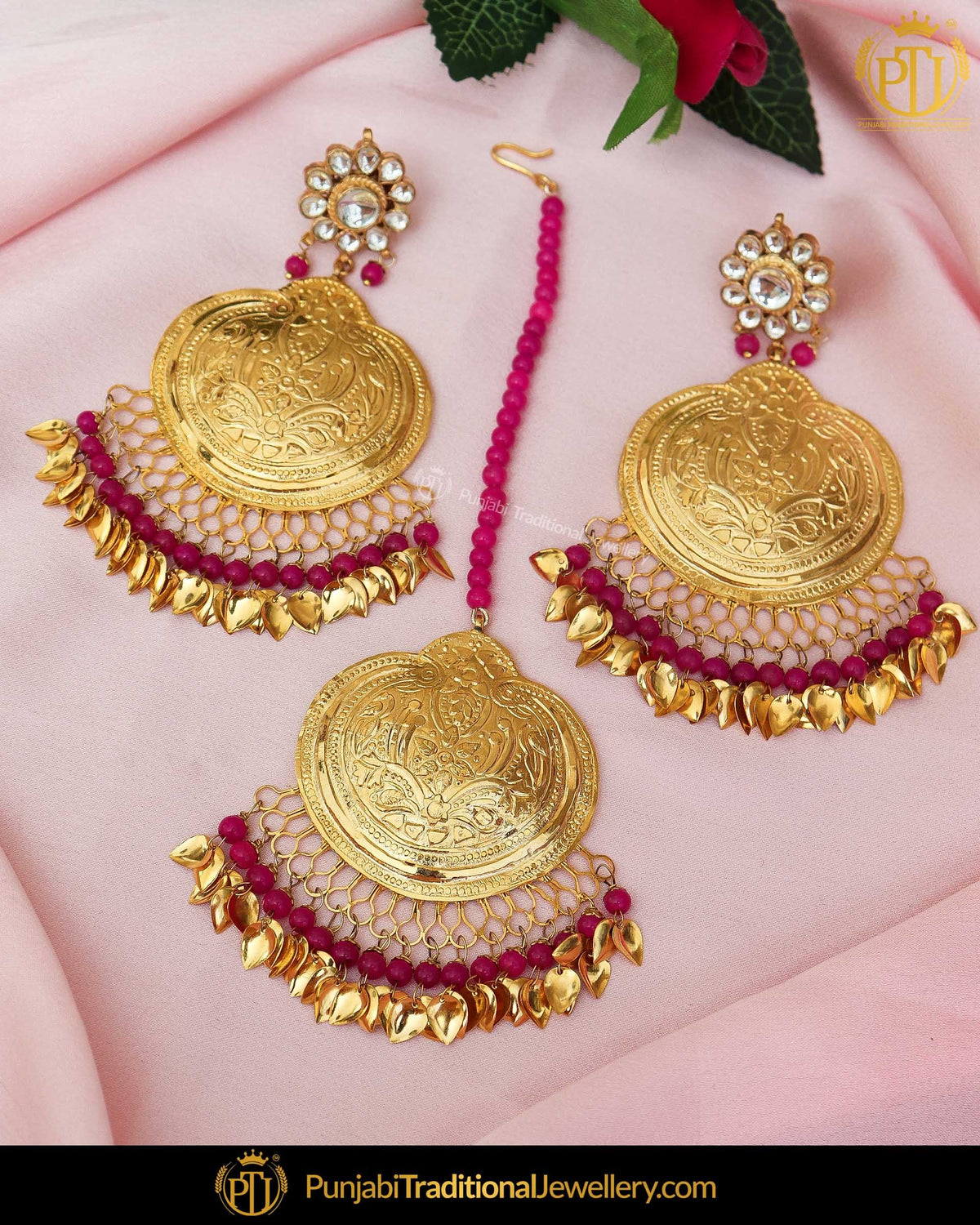 Gold Finished Pink Pippal Patti Pearl Patra Kundan Earrings & Tikka Set | Punjabi Traditional Jewellery Exclusive