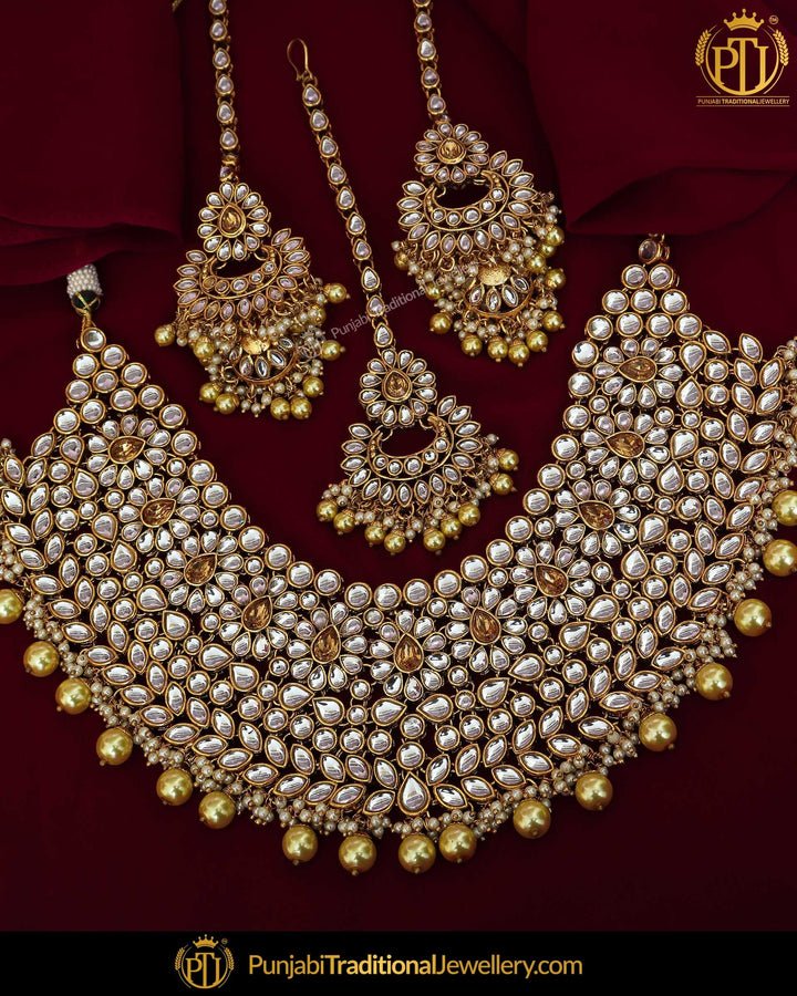 Gold Finished Champagne Stone & Kundan Pearl Choker Necklace & Sahare Earrings | Punjabi Traditional Jewellery Exclusive