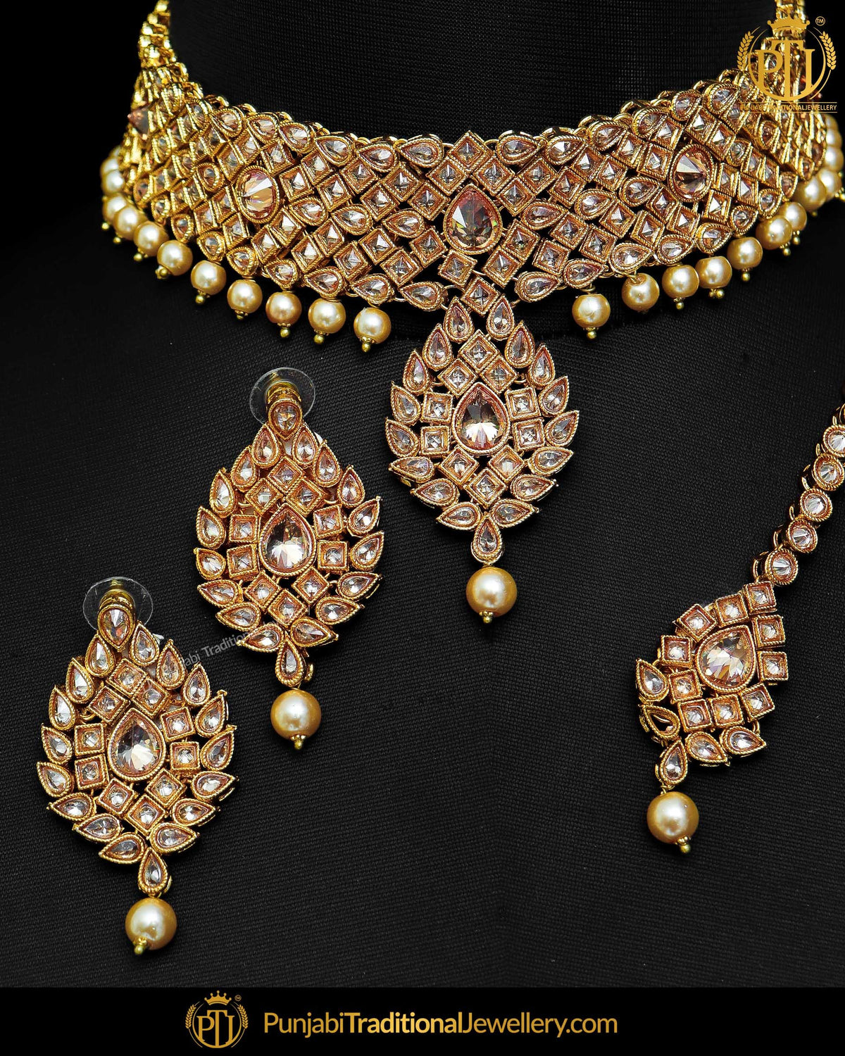 Gold Finished Champagne Stone Pearl Choker Necklace Set  | Punjabi Traditional Jewellery Exclusive