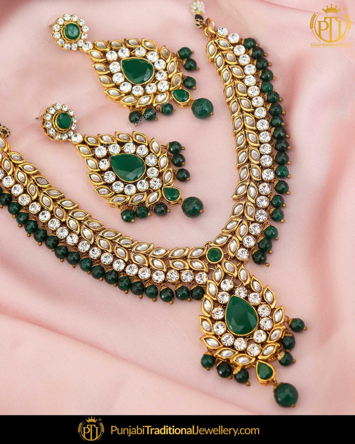 Gold Finished Emerald Kundan Pearl Necklace Set | Punjabi Traditional Jewellery Exclusive