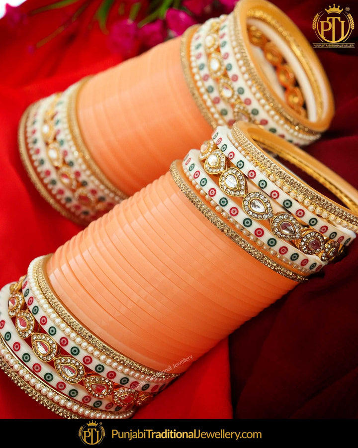 Dotted Peach Kundan Stone Bridal Chura | Punjabi Traditional Jewellery Exclusive