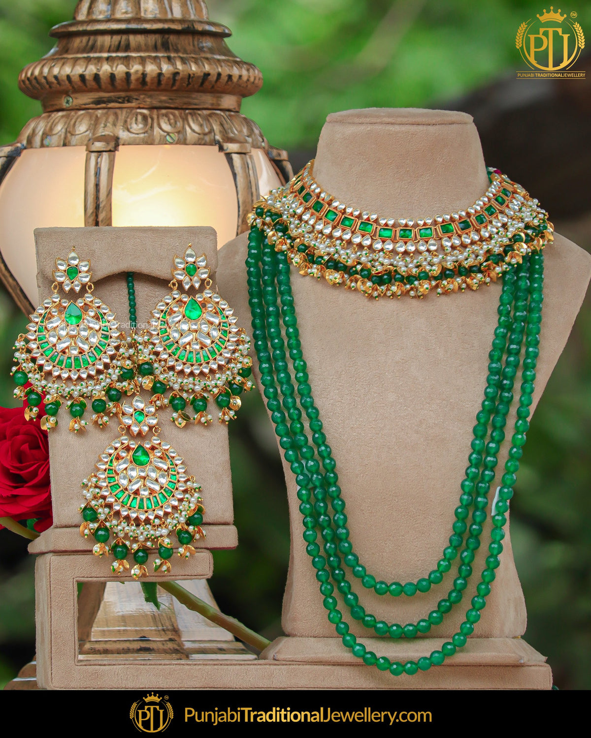 Gold Finished Pippal Patti Green Kundan long & Choker Bridal Necklace Set | Punjabi Traditional Jewellery Exclusive