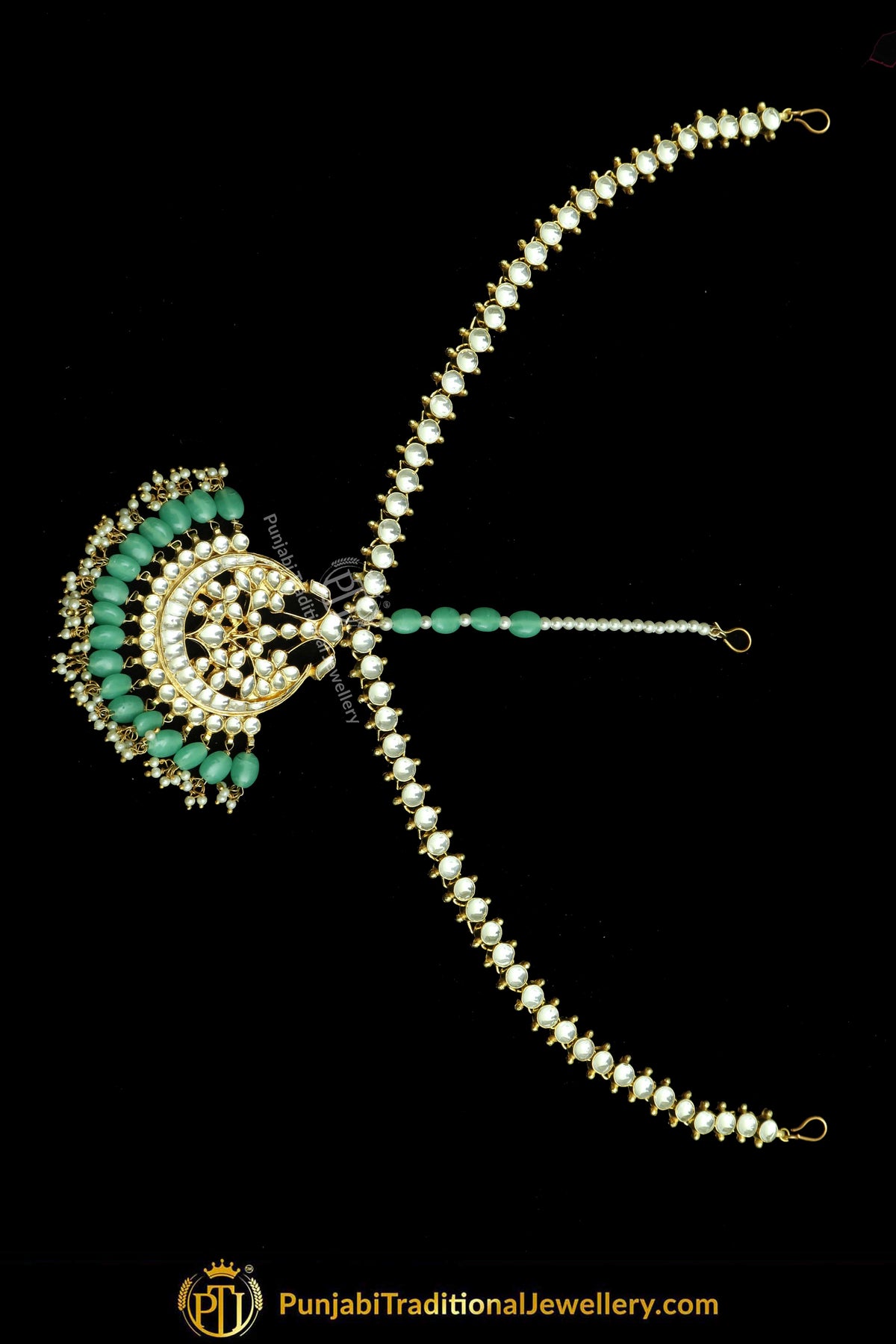 Gold Finished Kundan Emerald Matha Patti | Punjabi Traditional Jewellery Exclusive