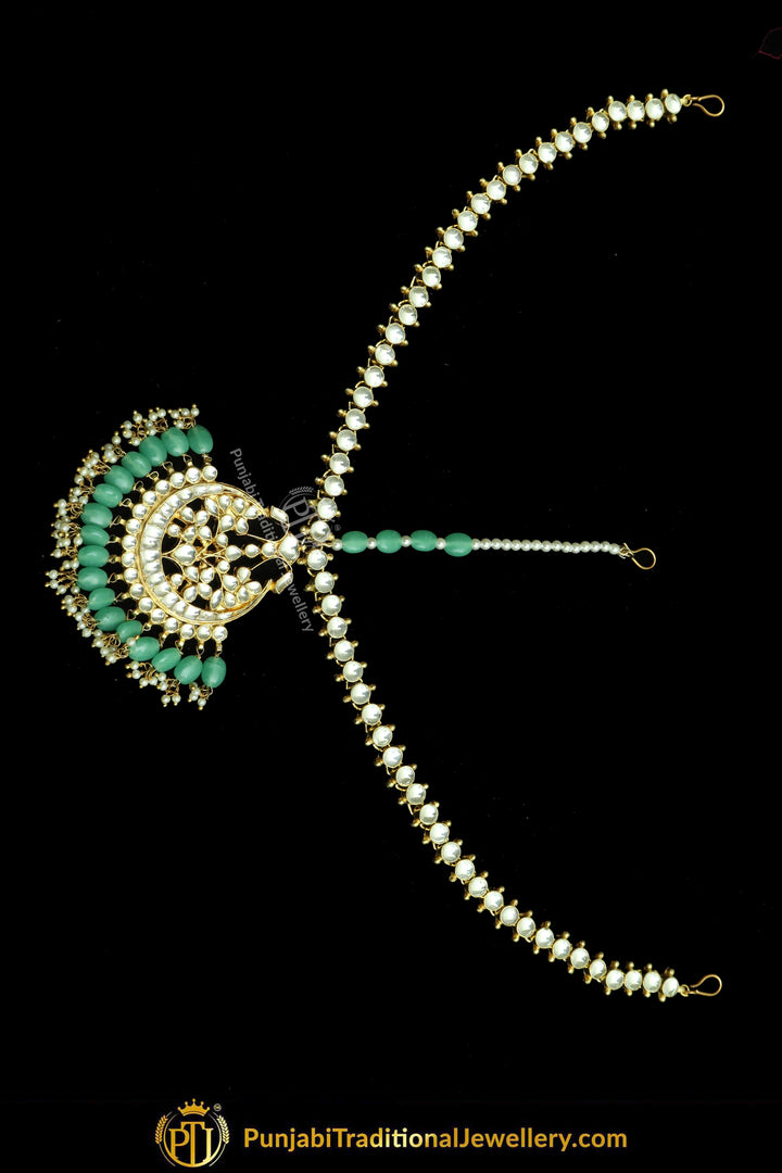 Gold Finished Kundan Emerald Matha Patti | Punjabi Traditional Jewellery Exclusive