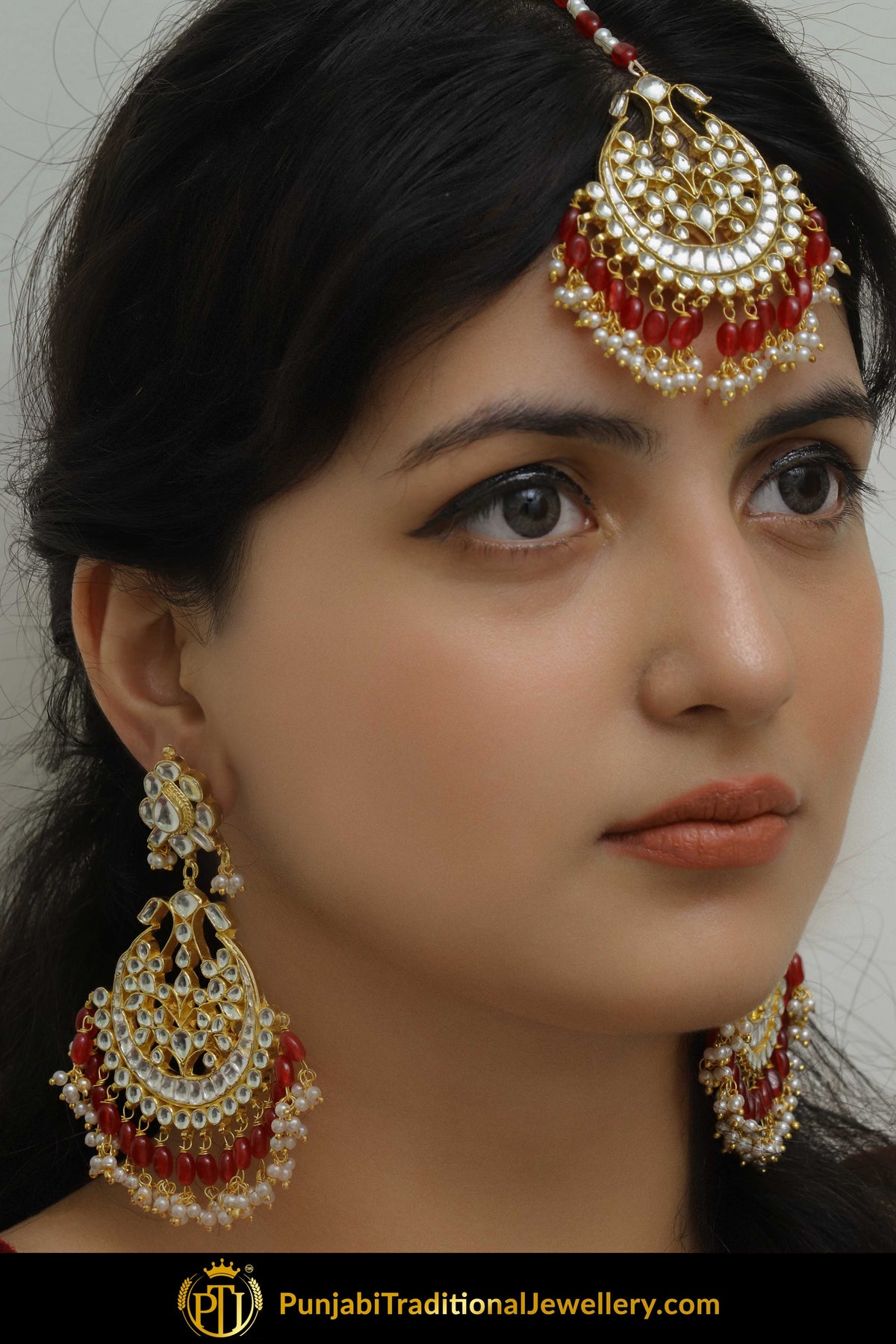 Kausar Red Kundan Earring Tikka Set  | Punjabi Traditional Jewellery Exclusive