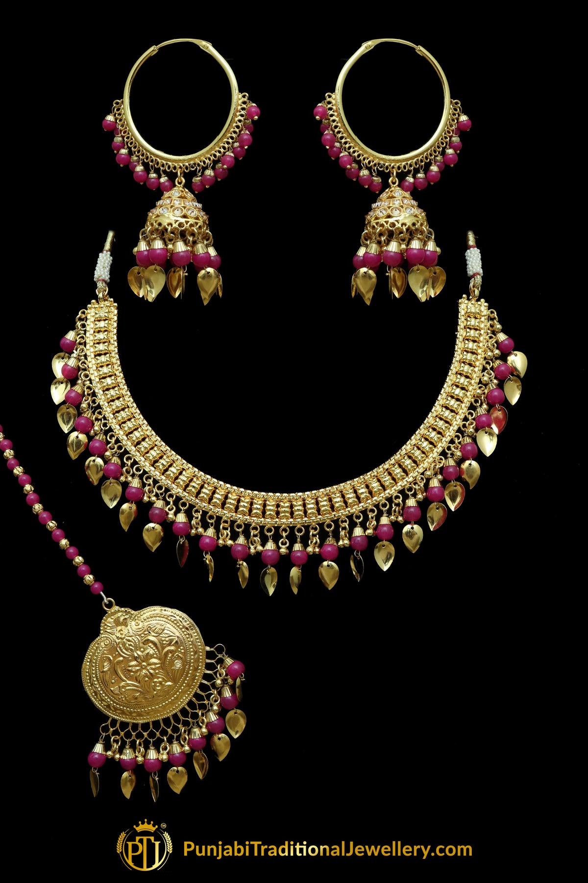 Inan Pink Pippal Patti Necklace & Earrings | Punjabi Giddha Jewellery | Punjabi Traditional Jewellery Exclusive