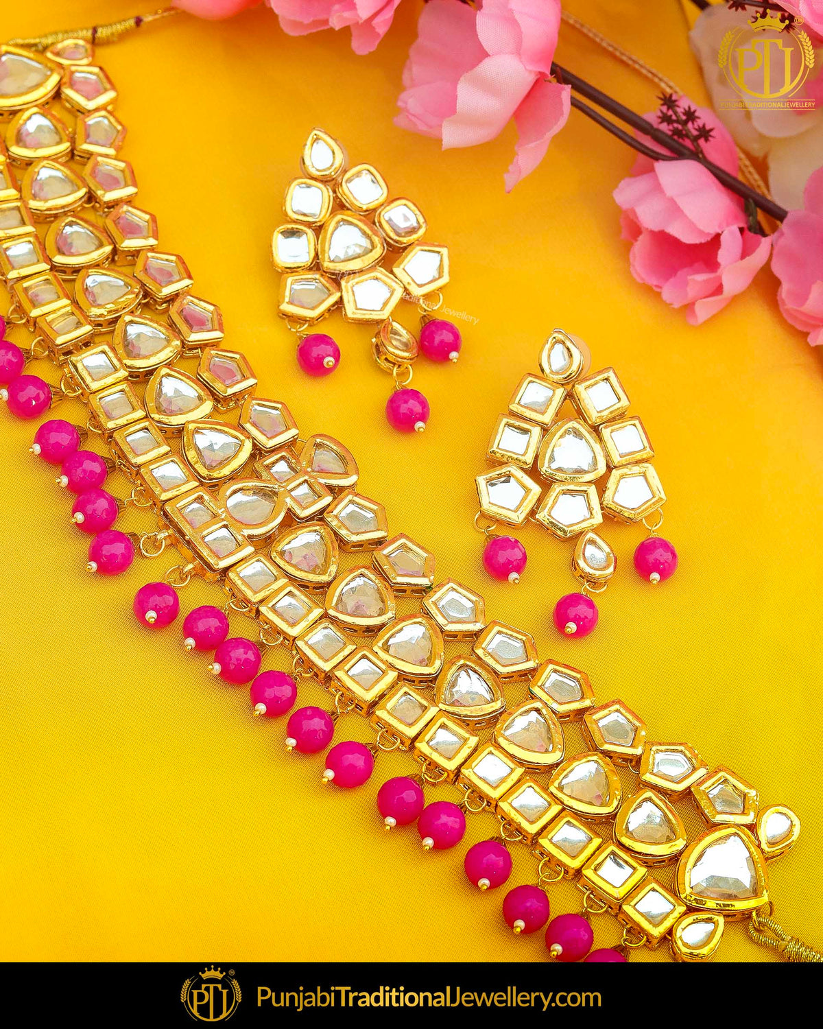 Gold Finished Pink Kundan & Pearl Choker Necklace Set | Punjabi Traditional Jewellery Exclusive