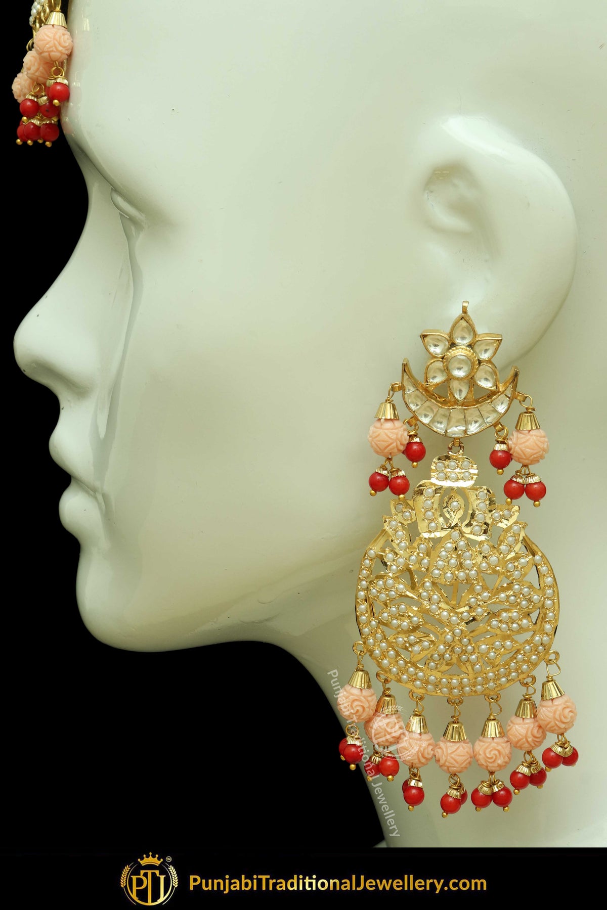 Gold Finished Pink & Red Jadau Pearl Earring Tikka Set | Punjabi Traditional Jewellery Exclusive