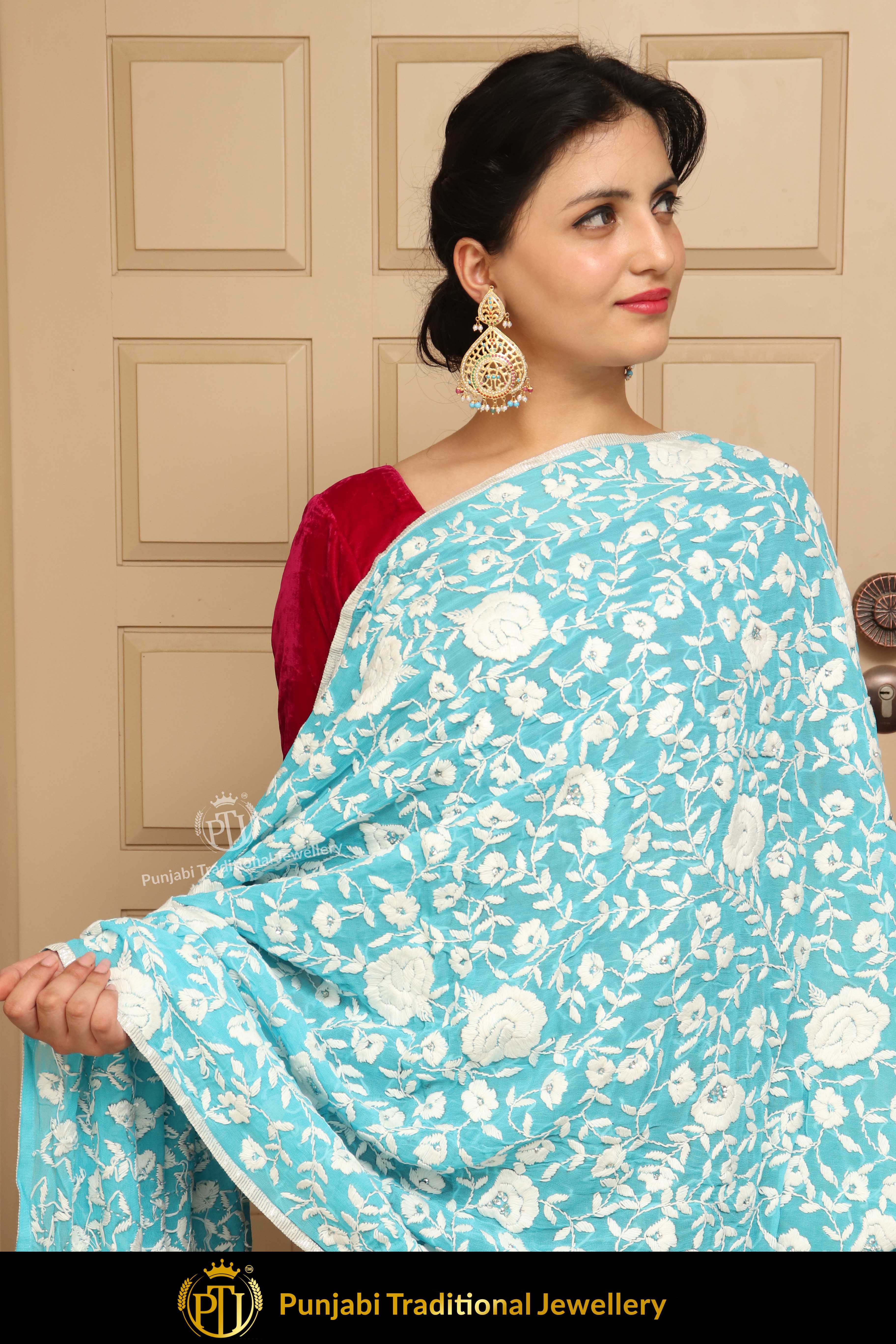 Firozi Color Pure Phulkari Dupatta By Punjabi Traditional Jewellery