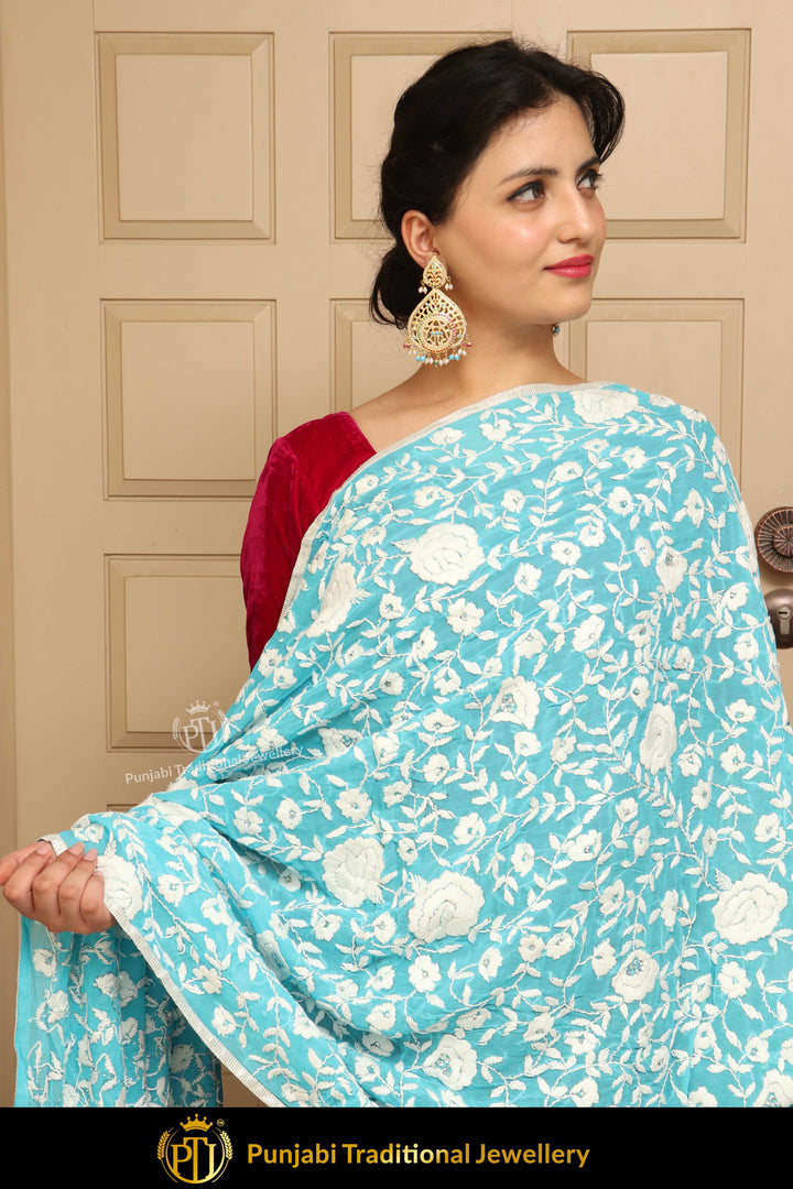 Firozi Color Pure Phulkari Dupatta By Punjabi Traditional Jewellery