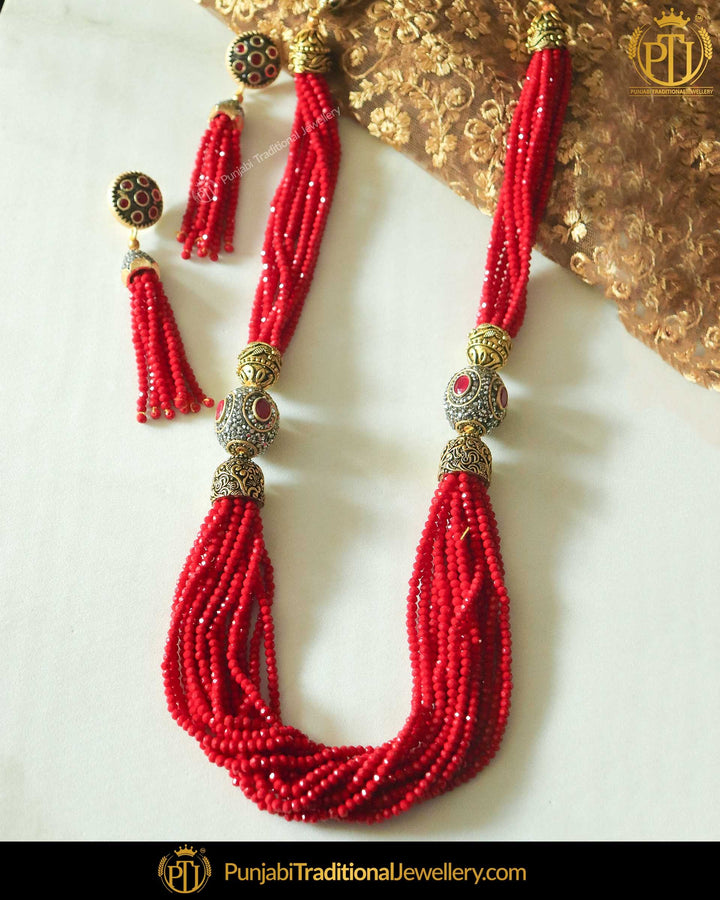 Gold Finished Rubby Pearl Kundan Mala Necklace Set | Punjabi Traditional Jewellery Exclusive