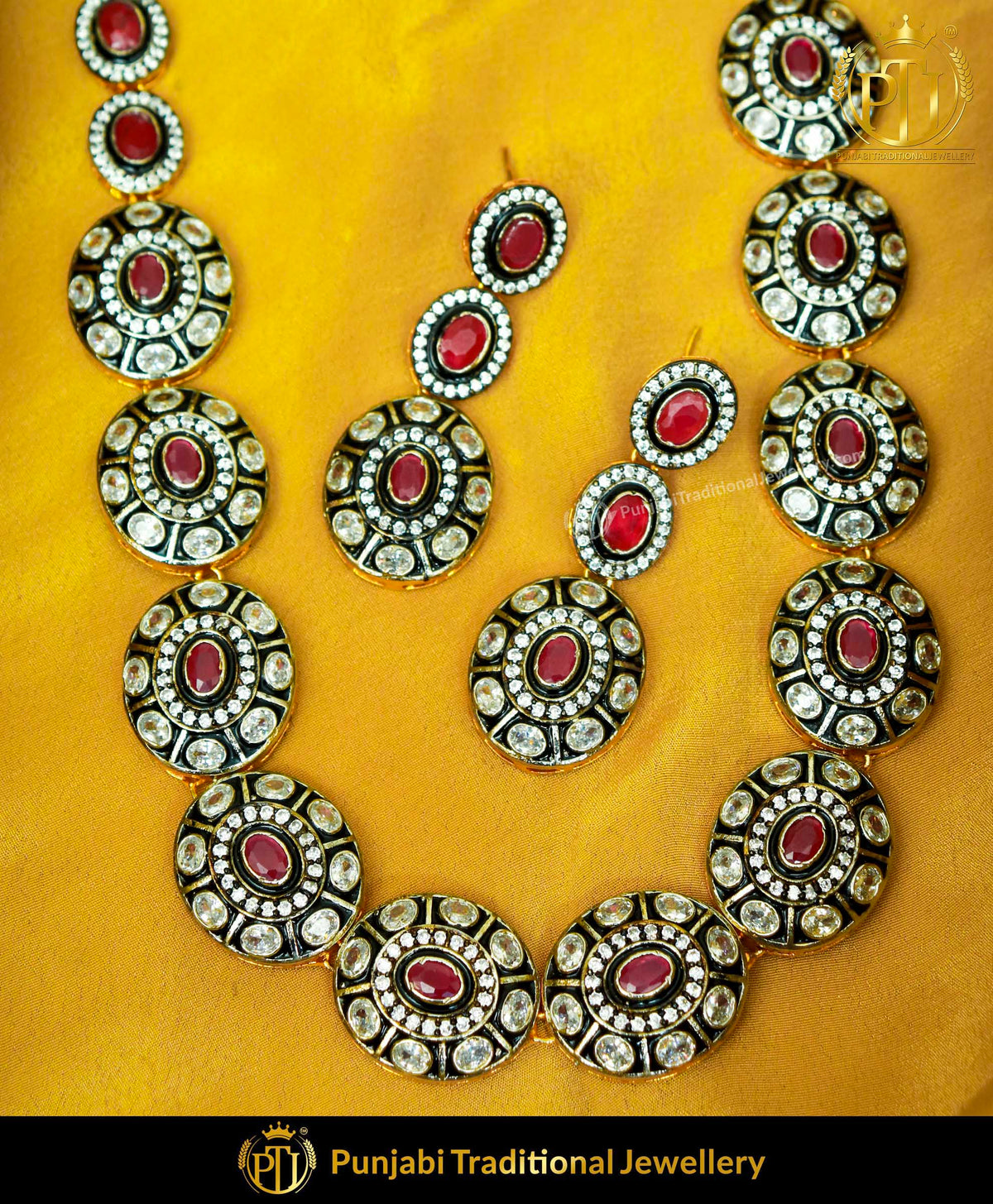 Black With Rubby Victorian Necklace & Earrings | Punjabi Traditional Jewellery Exclusive