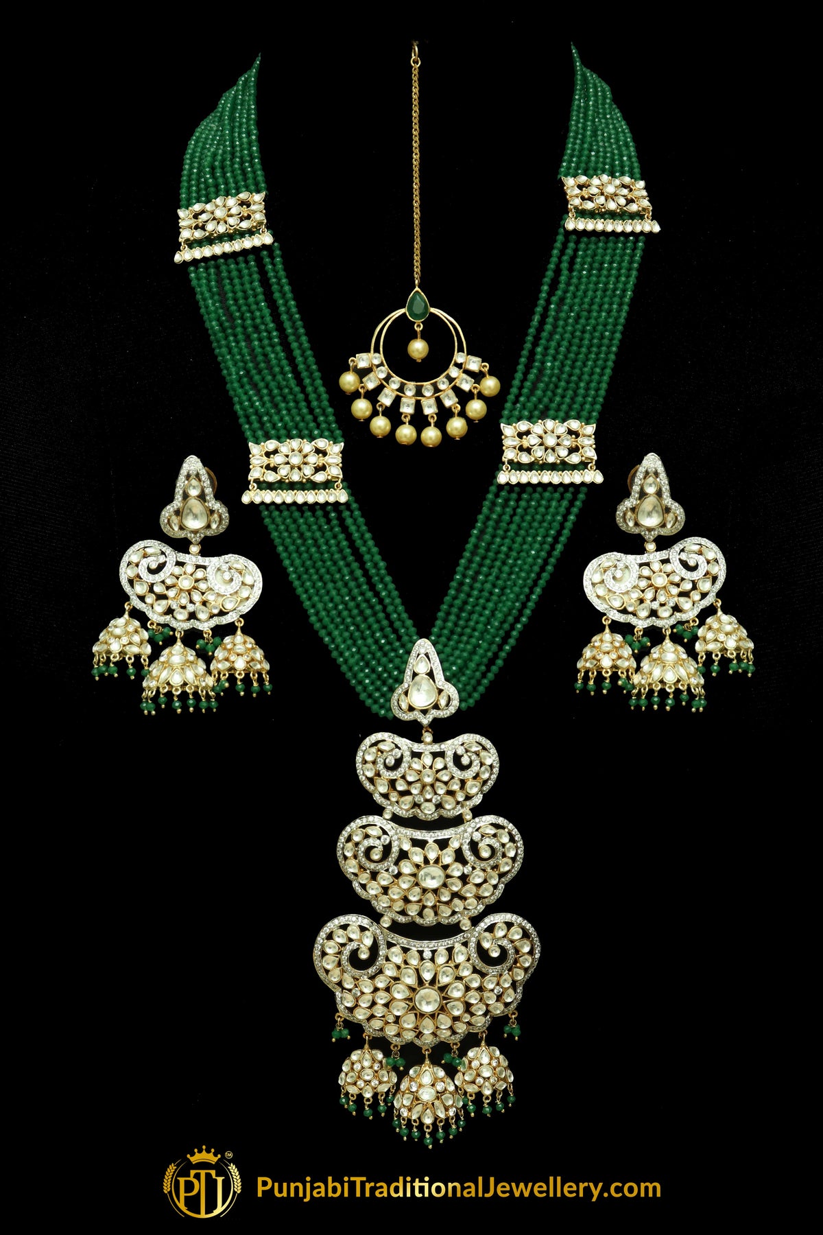 Amaya Gold Finished Emerald Kundan Long Crystal Necklace Set With Tikka | Punjabi Traditional Jewellery Exclusive