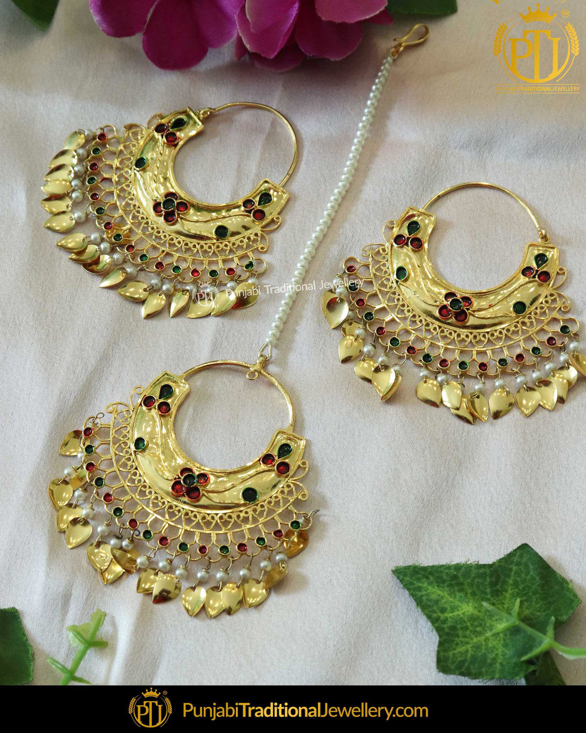 Red Green Pippal Patti Earring Tikka Set By Punjabi Traditional Jewellery