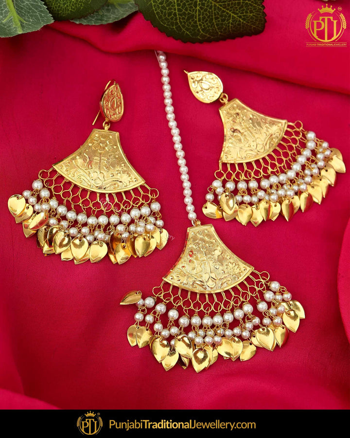 Gold Finished Pippal Patti Patra Pearl Earring Tikka Set | Punjabi Traditional Jewellery Exclusive
