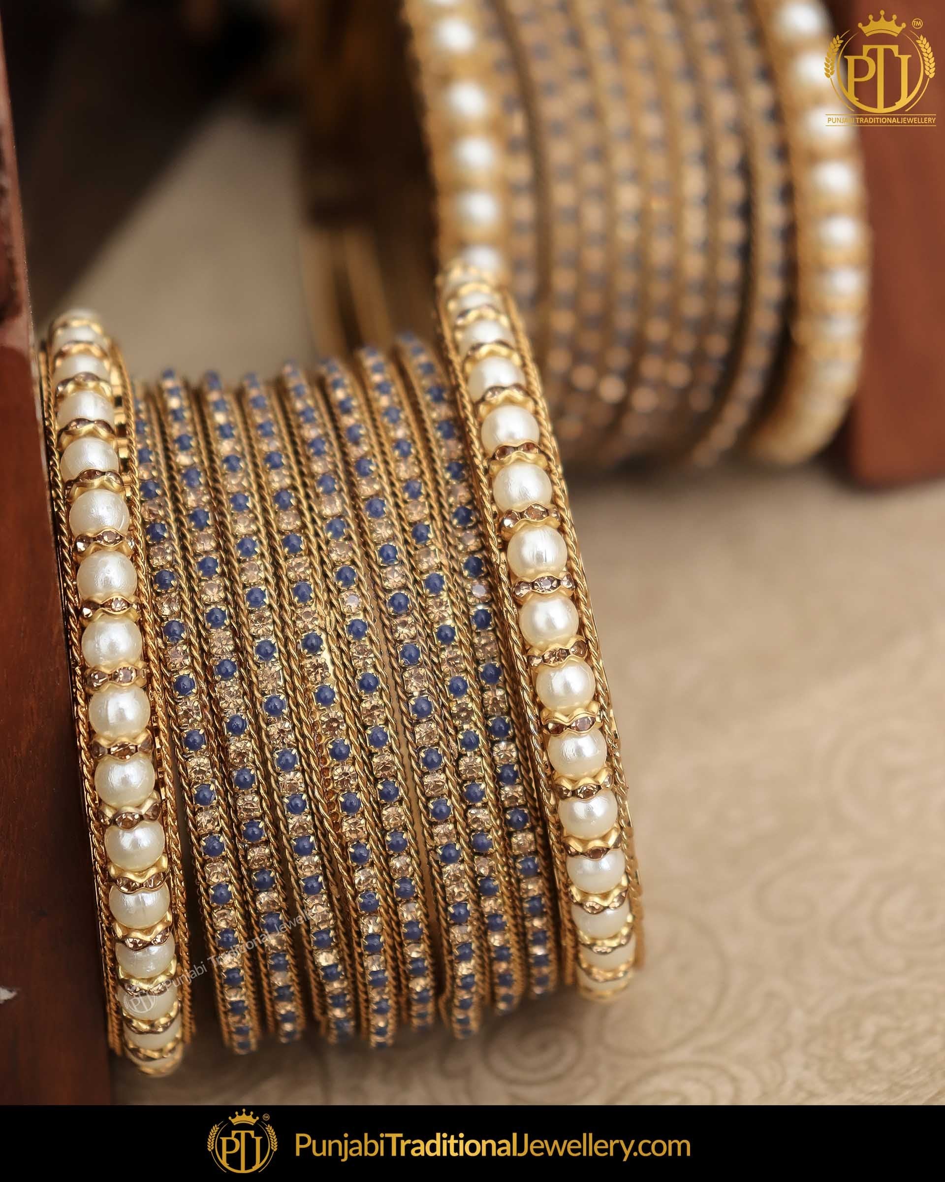 Antique Gold Finished Blue Pearl Bangles Set (Both Hand Pair) | Punjabi Traditional Jewellery Exclusive