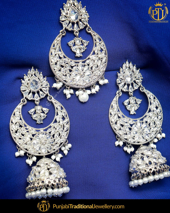 Silver Finished Polki Stone Earring Tikka Set | Punjabi Traditional Jewellery Exclusive