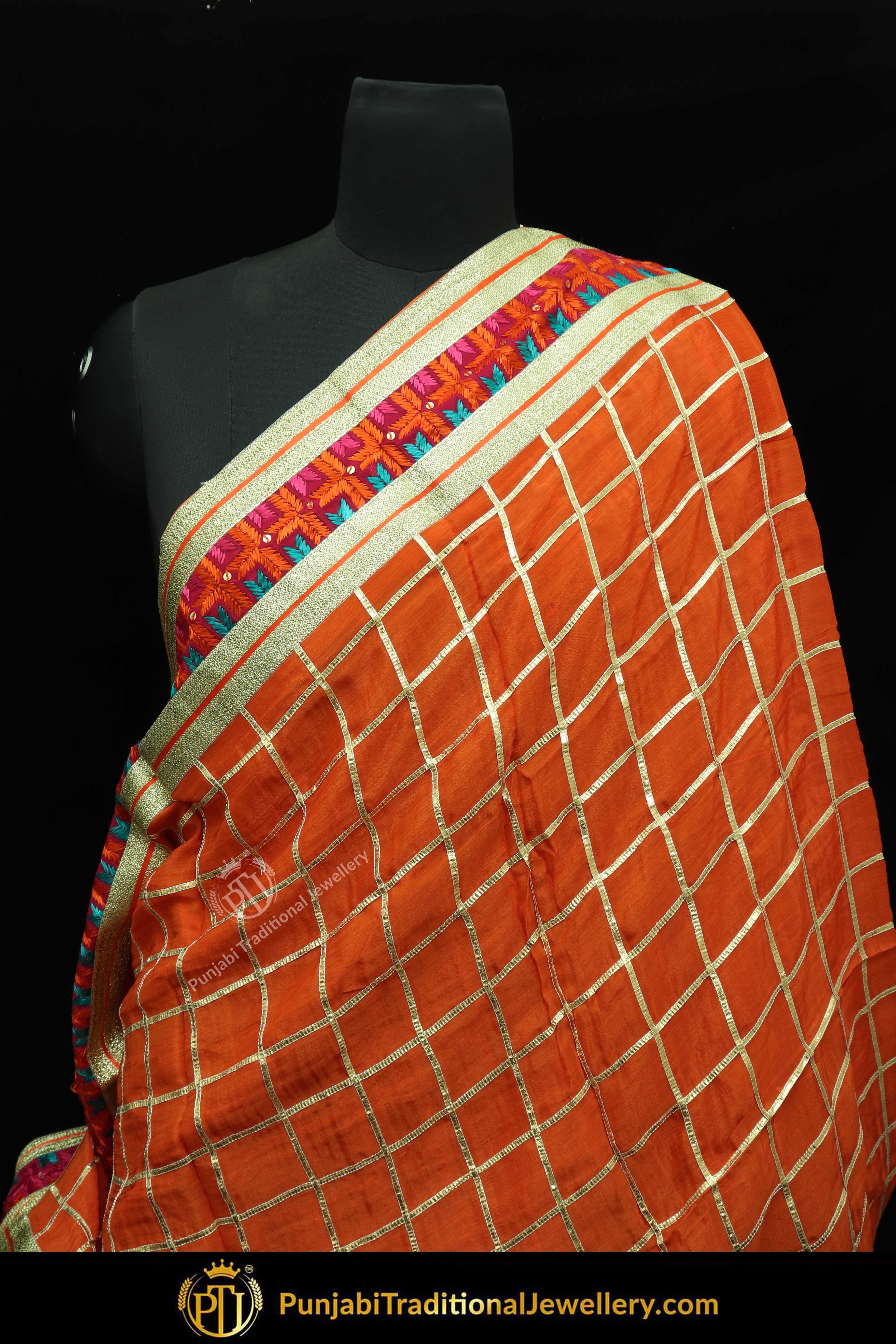 Orange Color & Multi Color Dupatta Pure Phulkari By Punjabi Traditional Jewellery
