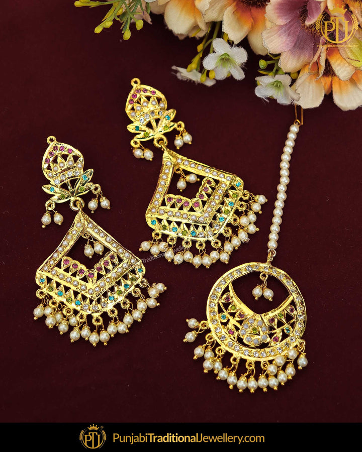 Gold Finished Navratan Jadau Pearl Earring Tikka Set | Punjabi Traditional Jewellery Exclusive