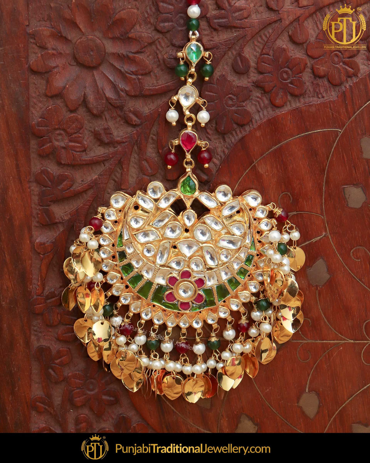 Gold Finished Kundan Red Green Pippal Patti Pearl Tikka | Punjabi Traditional Jewellery Exclusive