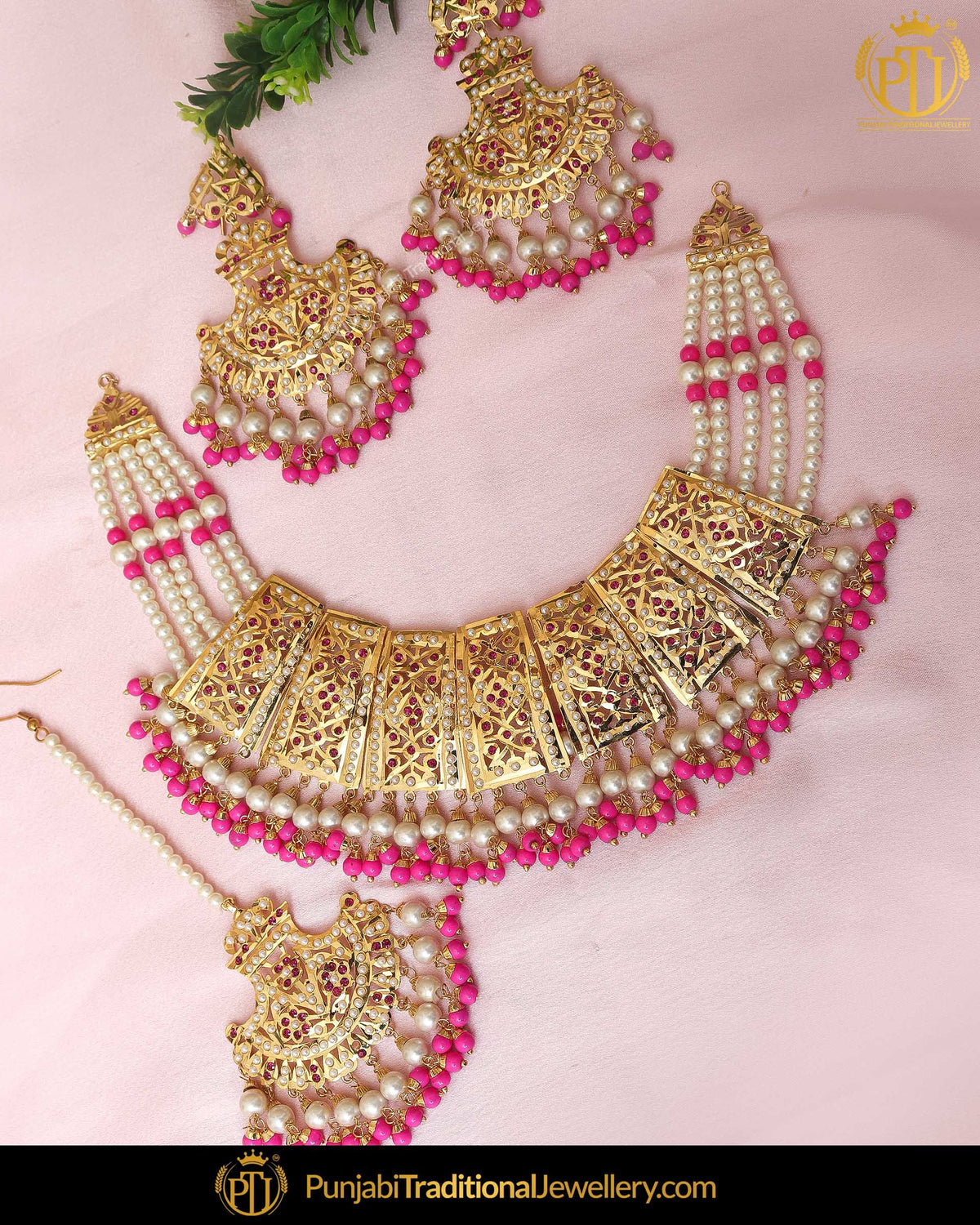 Gold Finished Pearl Jadau Pink Necklace Set | Punjabi Traditional Jewellery Exclusive