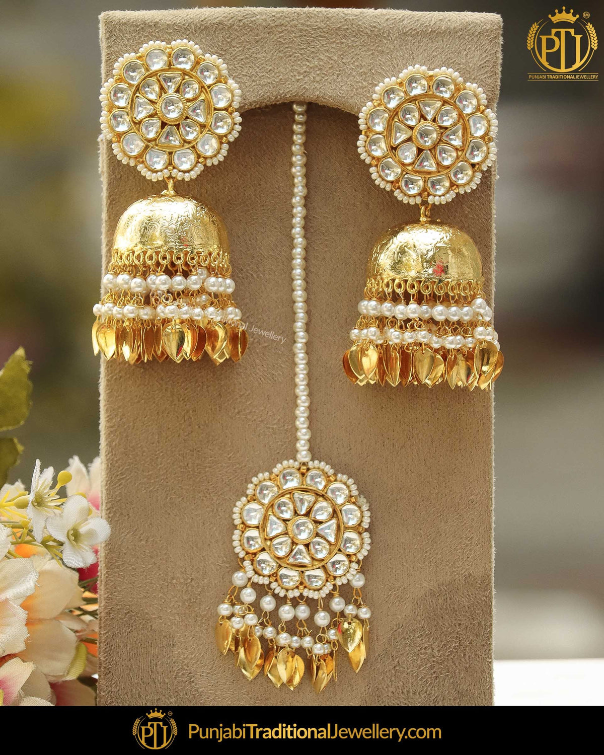 Gold Finished Pippal Patti Kundan Pearl Jhumki Earring Tikka Set | Punjabi Traditional Jewellery Exclusive