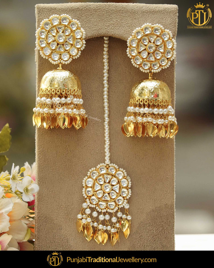 Gold Finished Pippal Patti Kundan Pearl Jhumki Earring Tikka Set | Punjabi Traditional Jewellery Exclusive