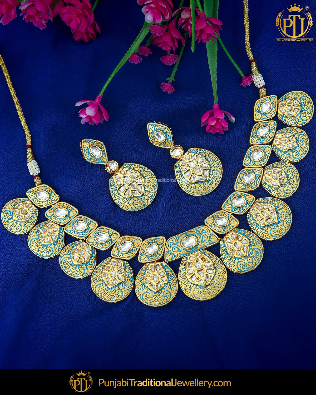 Hand Painted Meena Emerald Kundan Pearl Necklace Set | Punjabi Traditional Jewellery Exclusive