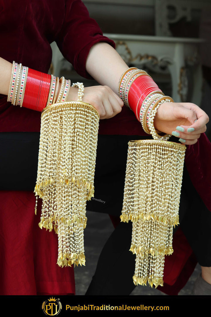 Gold Finished Pearl Pippal Patti Bridal Kalira & Red Bridal Chura | Punjabi Traditional Jewellery Exclusive