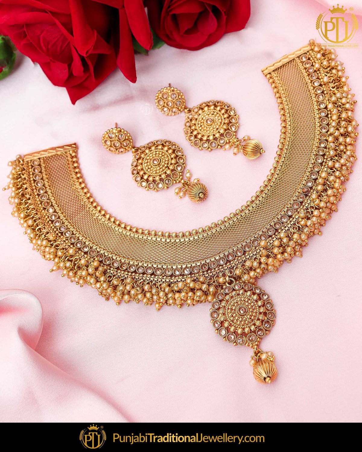 Antique Gold Finished Champagne Stone Pearl Necklace Set  | Punjabi Traditional Jewellery Exclusive