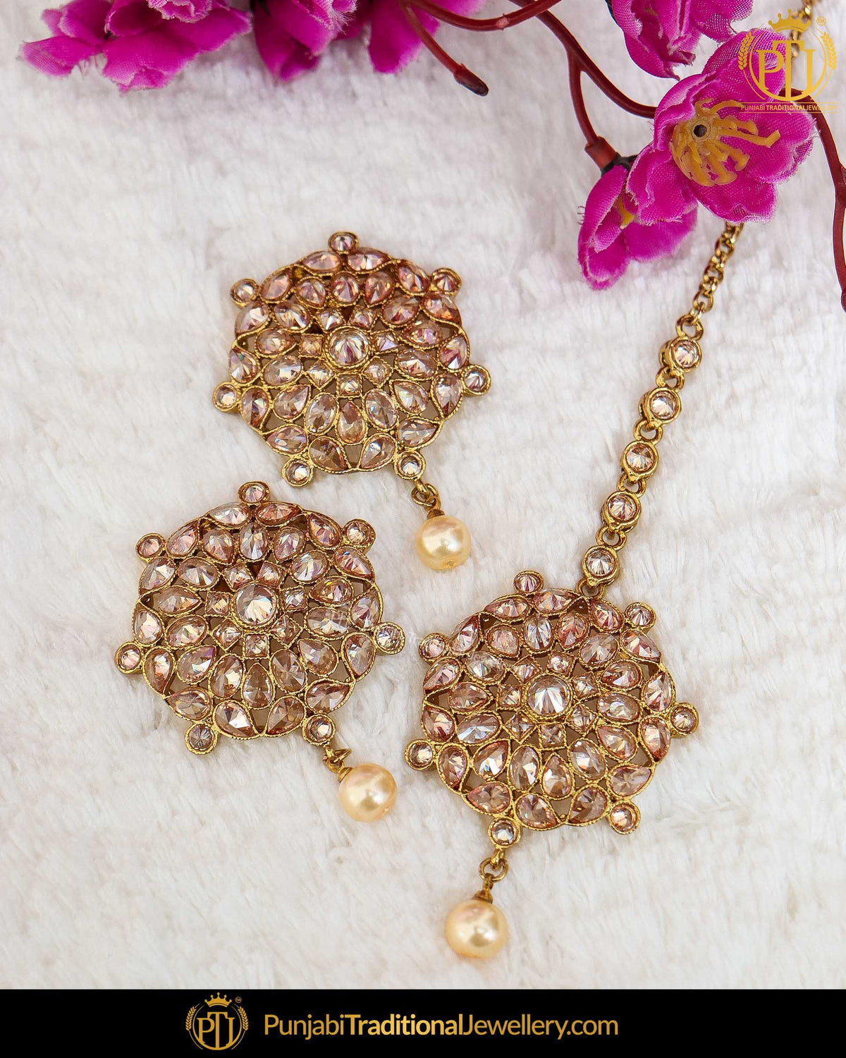 Gold Finished Chamapgne Stone Pearl Stud Earrings & Tikka | Punjabi Traditional Jewellery Exclusive