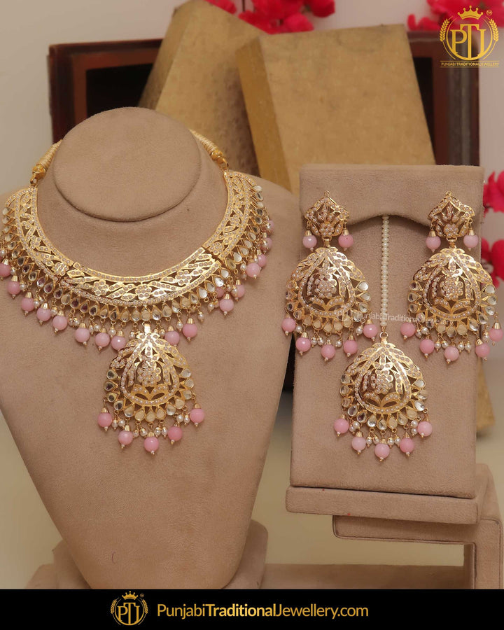 Gold Finished Pink Kundan Pearl Necklace Set | Punjabi Traditional Jewellery Exclusive