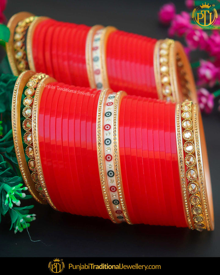 Dotted Champagne Stone Red Bridal Chura | Punjabi Traditional Jewellery Exclusive