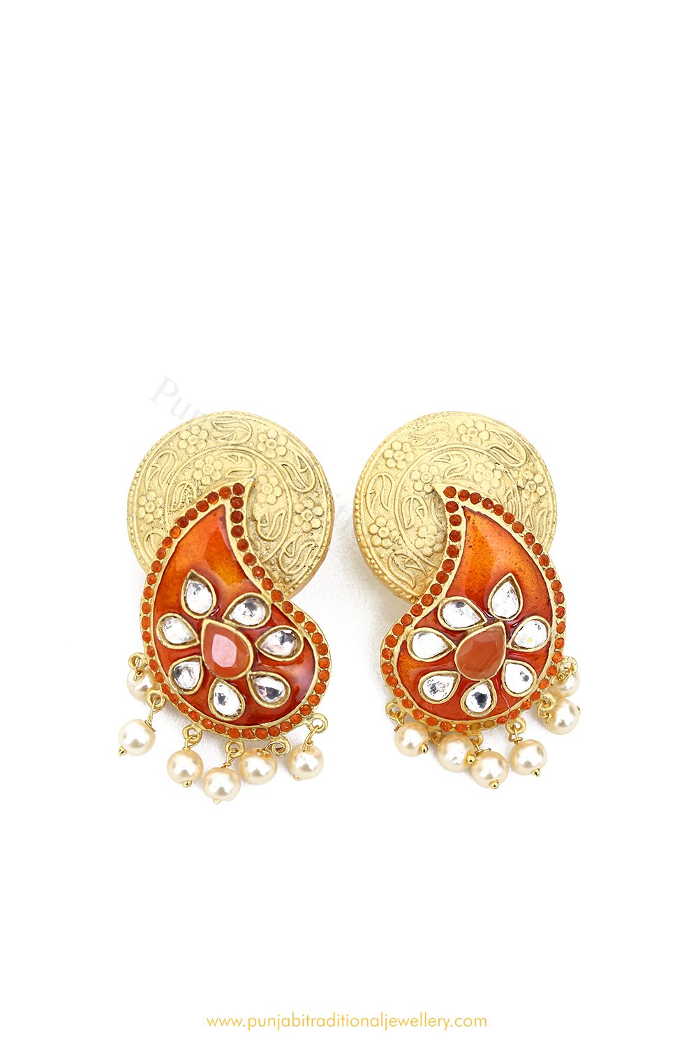 Traditional Ethnic Golden Orange Pearl Chandbali Earrings  Silvermerc  Designs