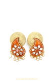 Gold Finished Orange Kundan Earrings By PTJ